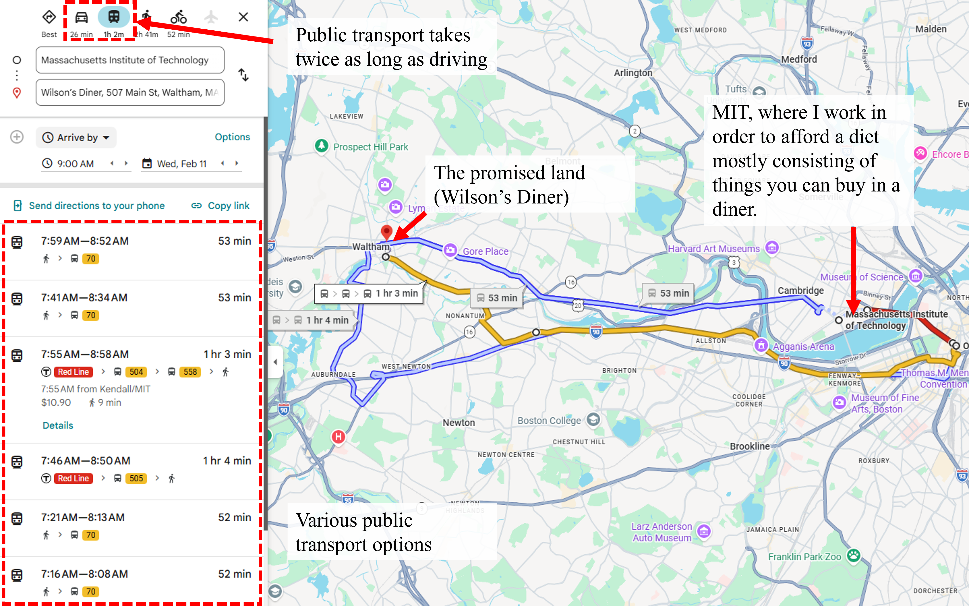 MIT to Wilson's Diner (26 min by car, 62 min by bus)
